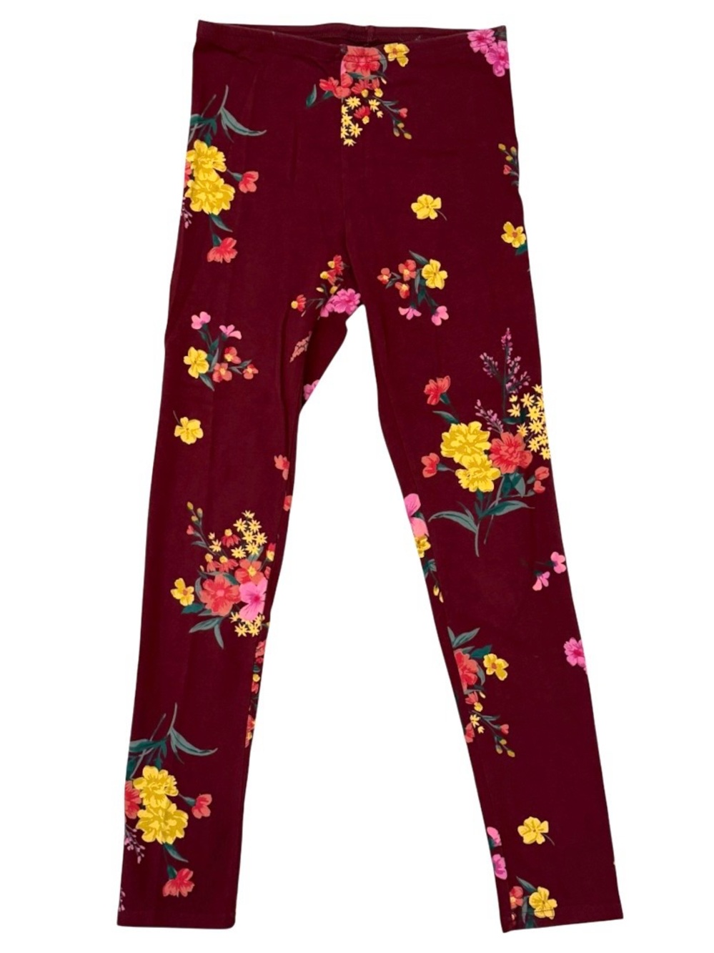 Old Navy Girls 14 Leggings Burgundy Floral Print Stretch Elastic Waist